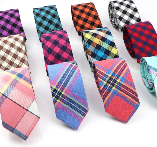 Fashionable Plaid Skinny Cotton Necktie for Men: Vibrant Choice for Weddings, Business, and Casual Suits