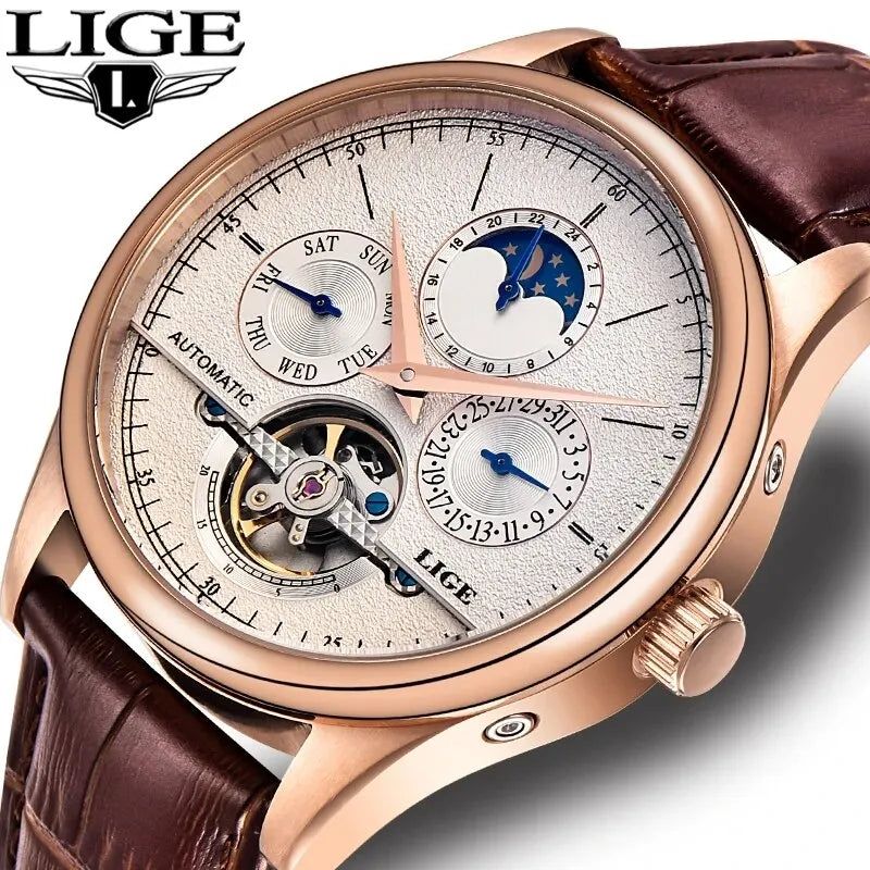 LIGE Tourbillon Clock Genuine Leather Waterproof Watch
