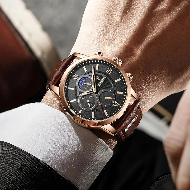 LIGE Luxury Brown Leather Casual Quartz Watch