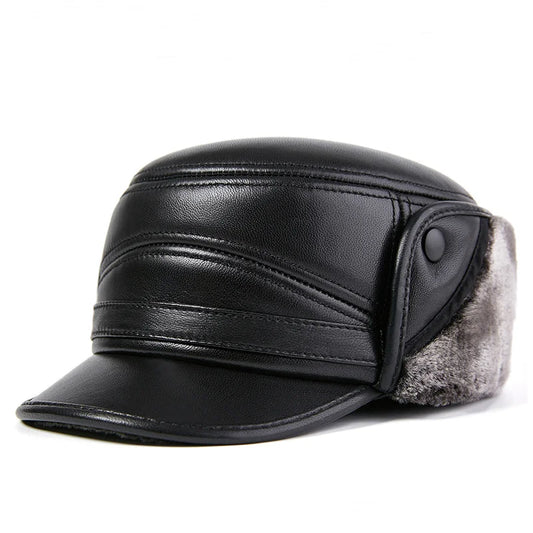 Men's Winter Leather Hat: Thicken Leather Sheepskin Military Hat with Earflaps for Warmth