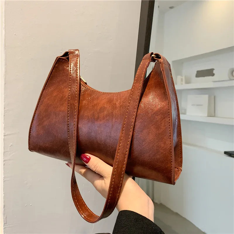 Fashionable Retro Handbag – Casual Leather Shoulder Bag for Women, Solid Color Design