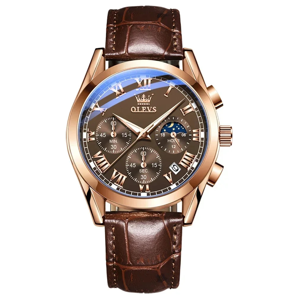 OLEVS Luxury Chronograph Leather Strap Wrist Watch