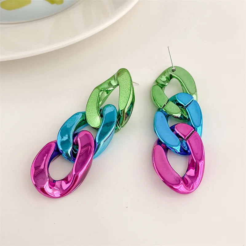 Bohemian Chain Style Long Earrings: Smooth and Colorful Acrylic Design for Women