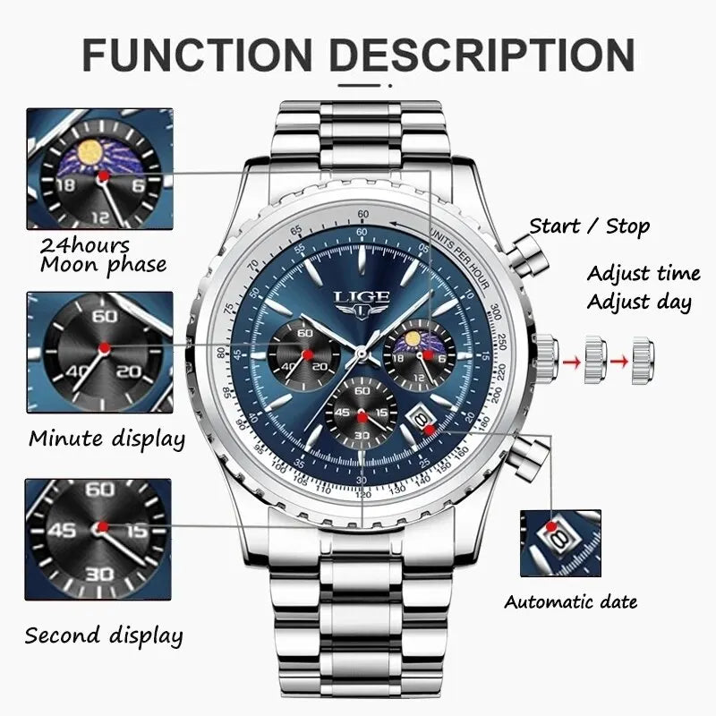 LIGE Quartz Chronograph Sport Wristwatch