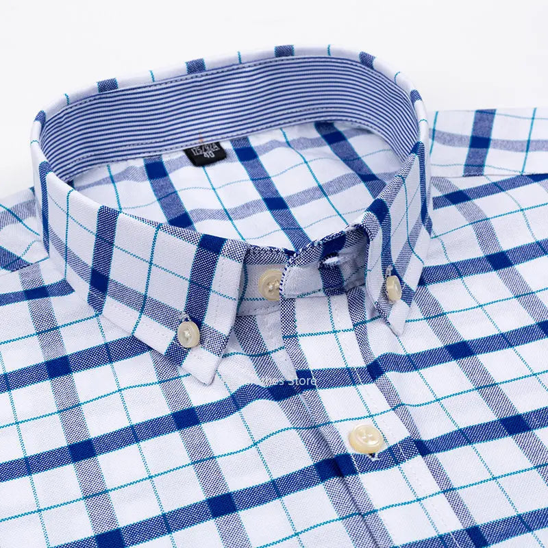 Pure Cotton Dark Blue Plaid Oxford Short Sleeve Shirt