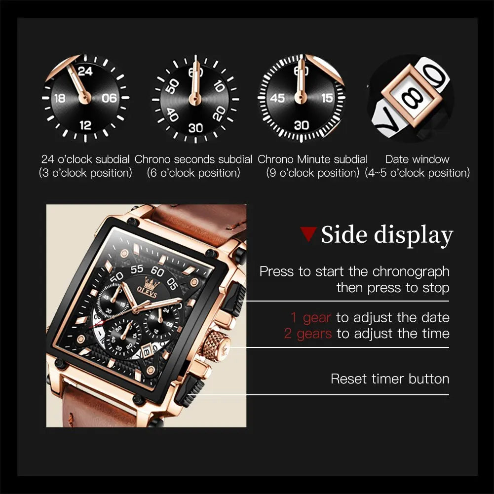 OLEVS Square Quartz Leather Strap Watch For Men