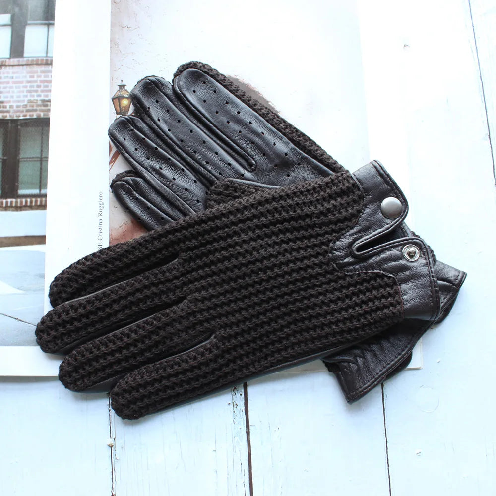 Sheepskin Leather Anti-Slip, Touch Screen, Knitted Gloves for Men