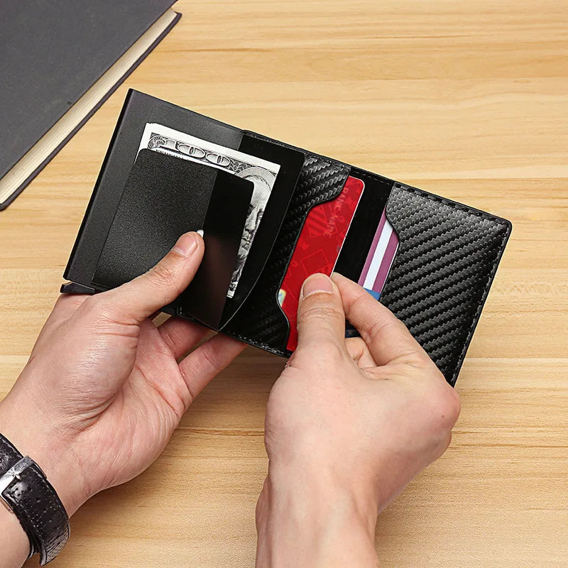 Upgrade Your Everyday Carry with Our Carbon Fiber RFID Magic Trifold Leather Slim Wallet for Men.