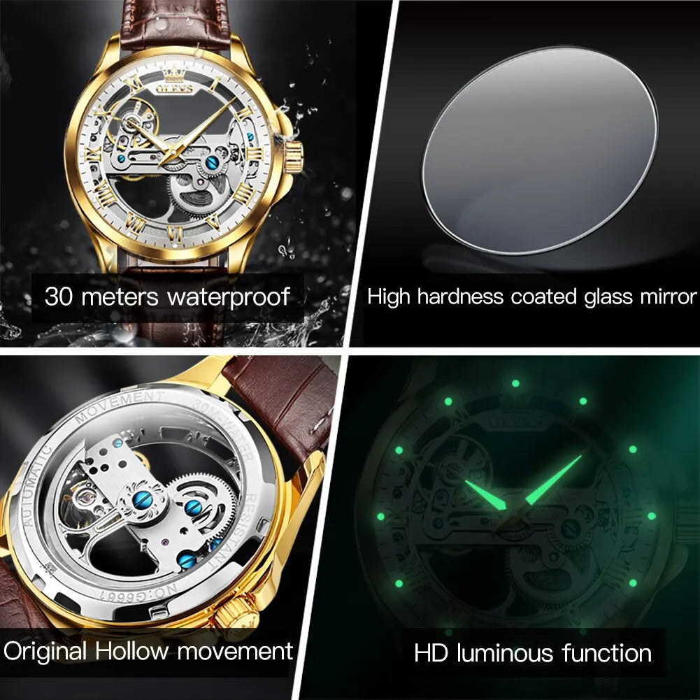 OLEVS Skeleton Design Waterproof Leather Strap Watch