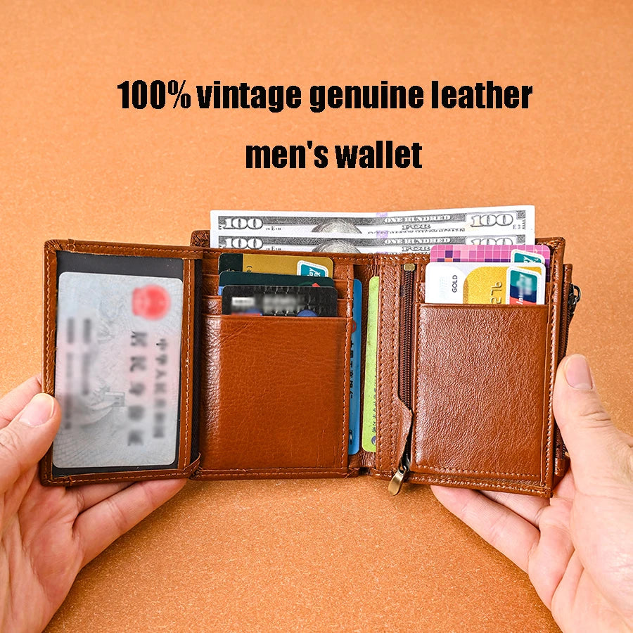 Men's Genuine Leather Tri-Fold RFID Wallet with Zipper Coin Purse