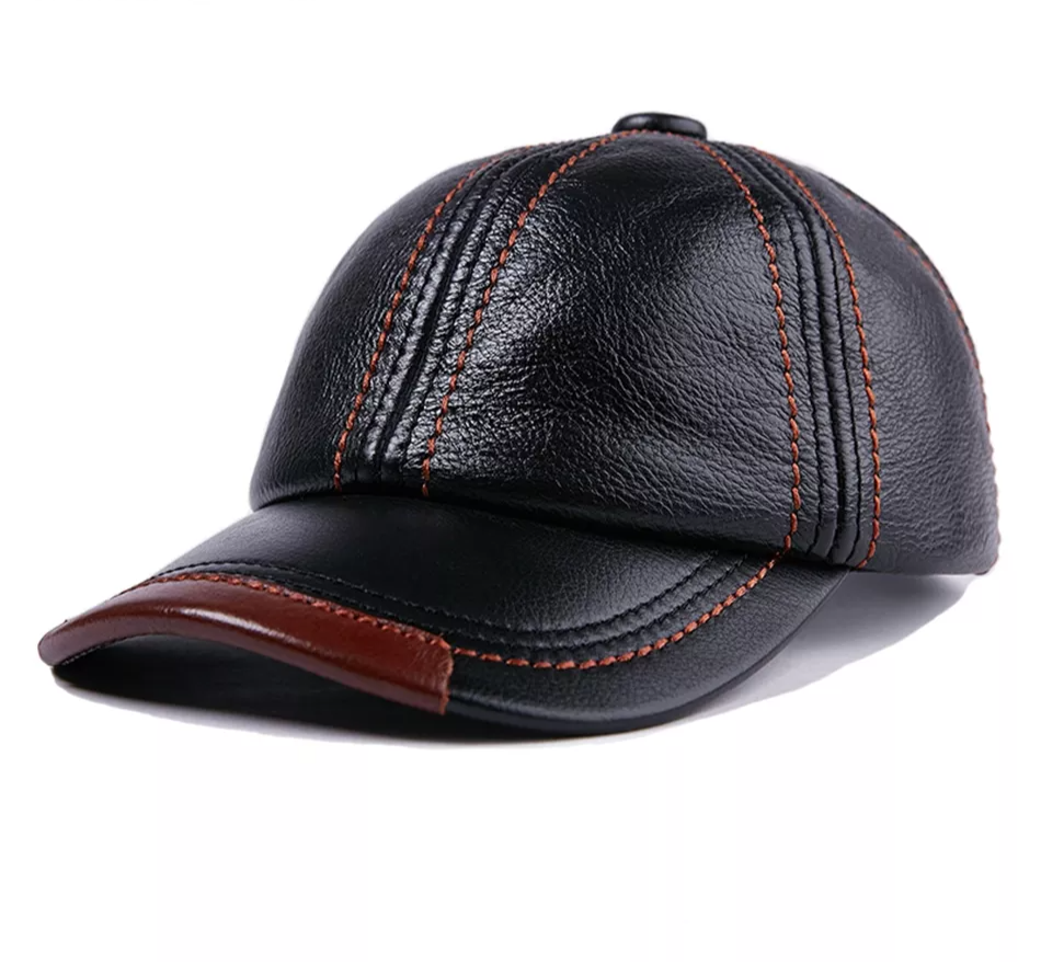 Snapback Style: Genuine Leather Cowhide Baseball Cap for Men - Adjustable, Ideal for Autumn and Winter