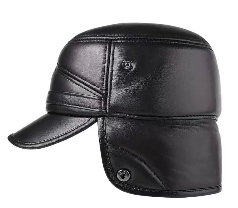 Men's Winter Leather Hat: Thicken Leather Sheepskin Military Hat with Earflaps for Warmth