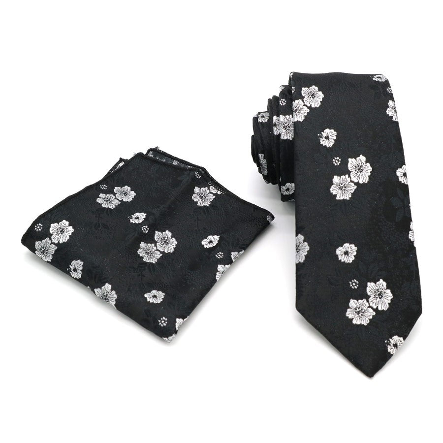 Black Floral Tie Handkerchief Cufflink Set