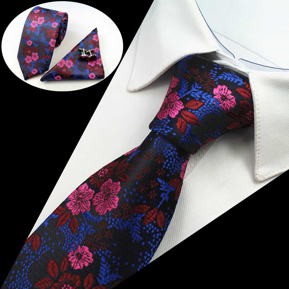 Blue Pink Floral Tie Handkerchief Cufflink Set