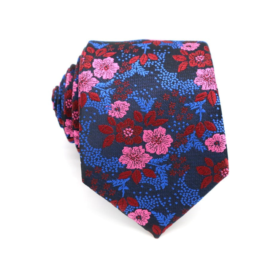 Blue Pink Floral Tie Handkerchief Cufflink Set