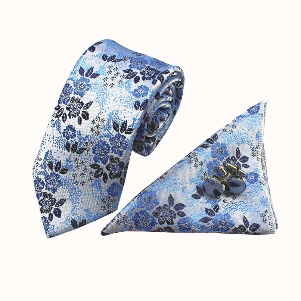 Baby Blue Flowers Tie Handkerchief Cufflink Set