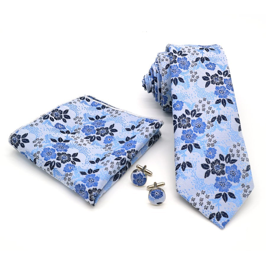 Baby Blue Flowers Tie Handkerchief Cufflink Set