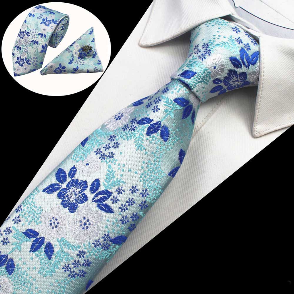 Green Blue Flowers Tie Handkerchief Cufflink Set