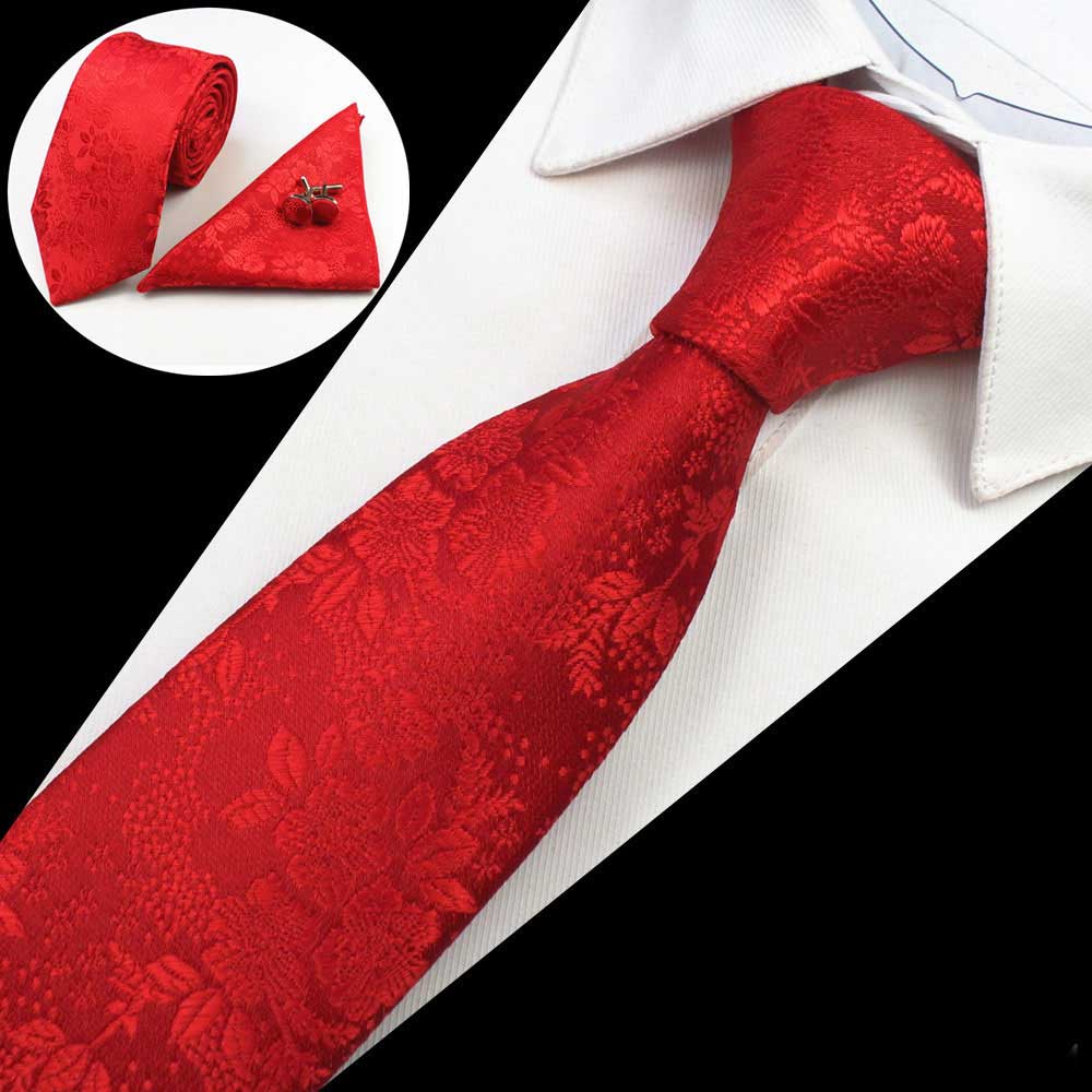 Solid Red Flowers Tie Handkerchief Cufflink Set