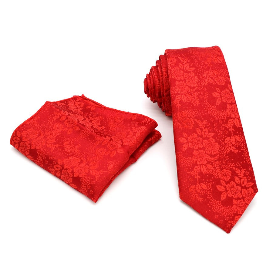 Solid Red Flowers Tie Handkerchief Cufflink Set