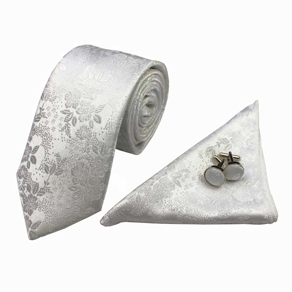 Solid Gray Flowers Tie Handkerchief Cufflink Set