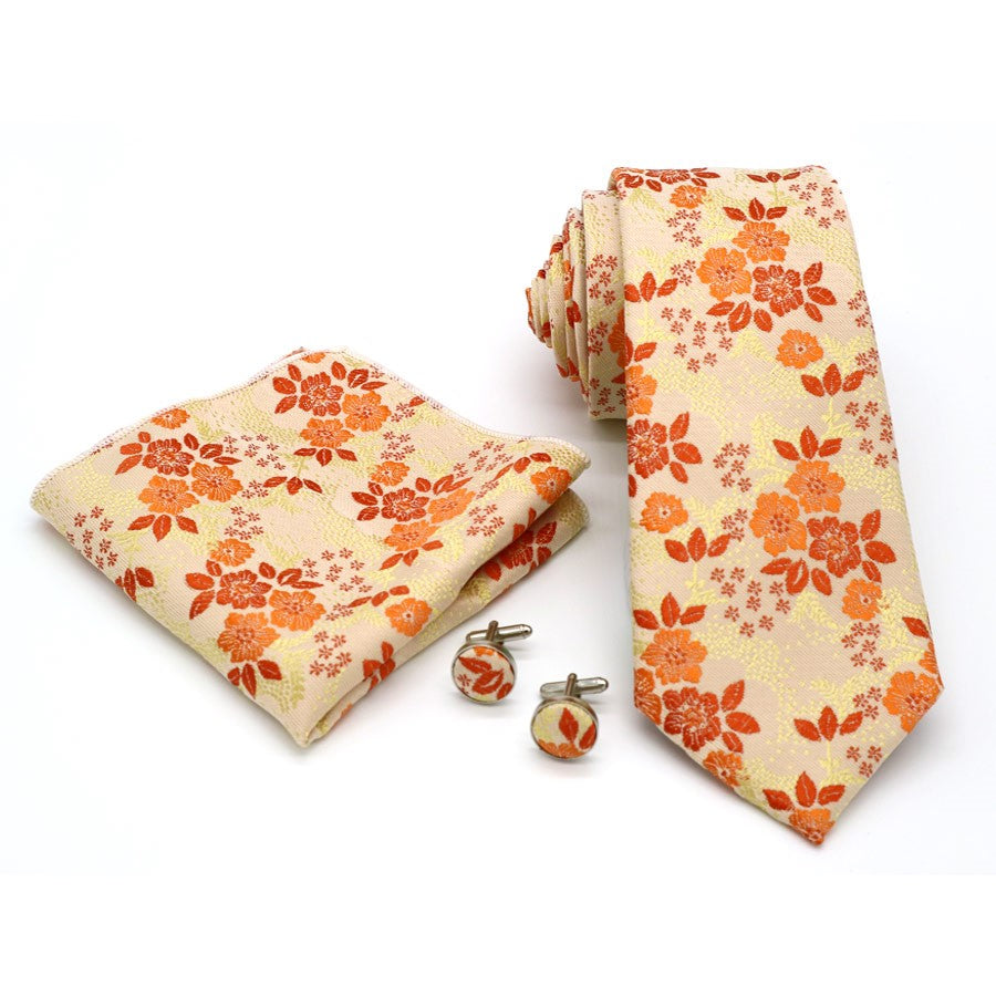 Orange Yellow Flower Tie Handkerchief Cufflink Set