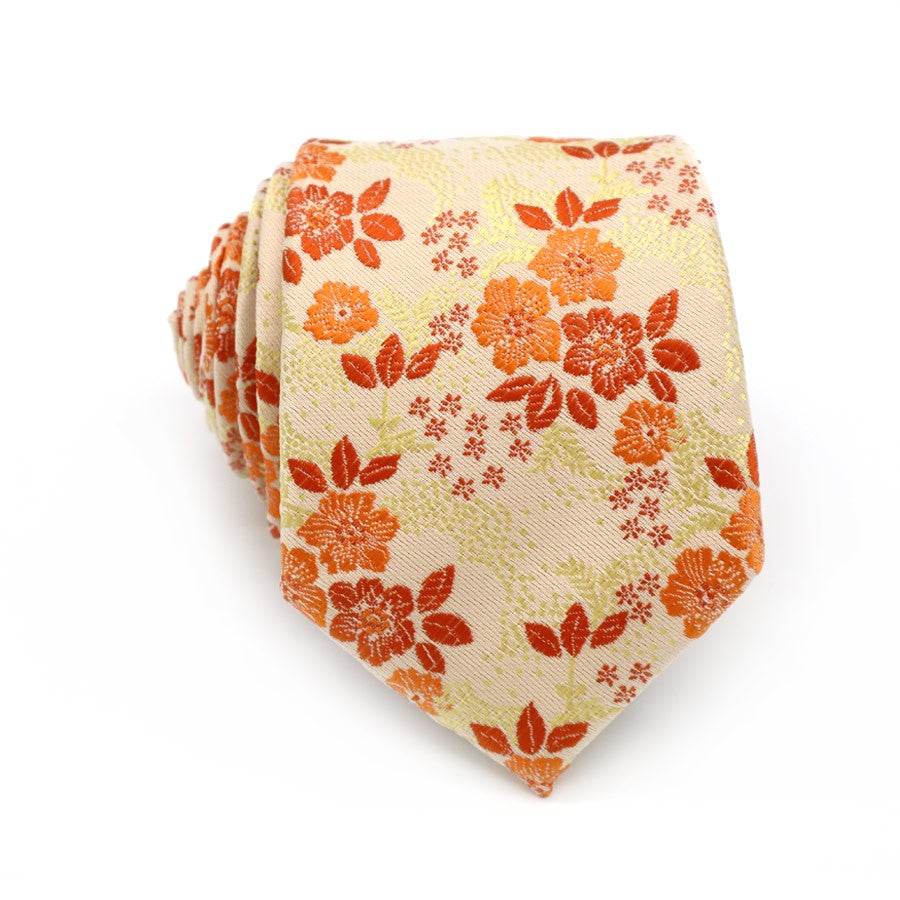 Orange Yellow Flower Tie Handkerchief Cufflink Set