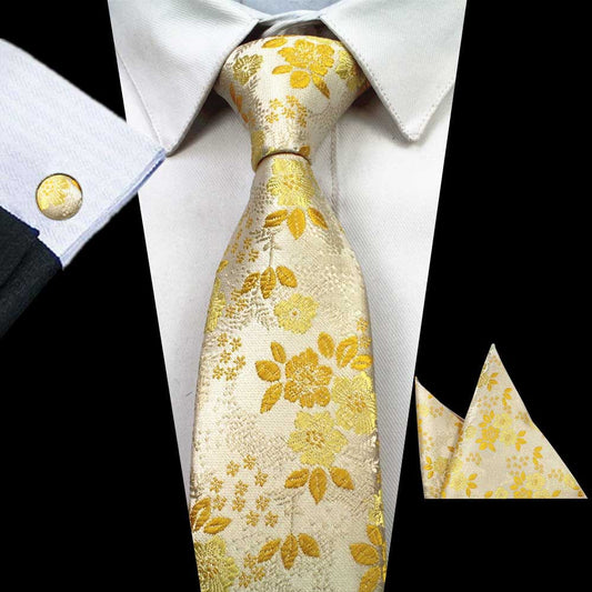 Yellow Flower Tie Handkerchief Cufflink Set