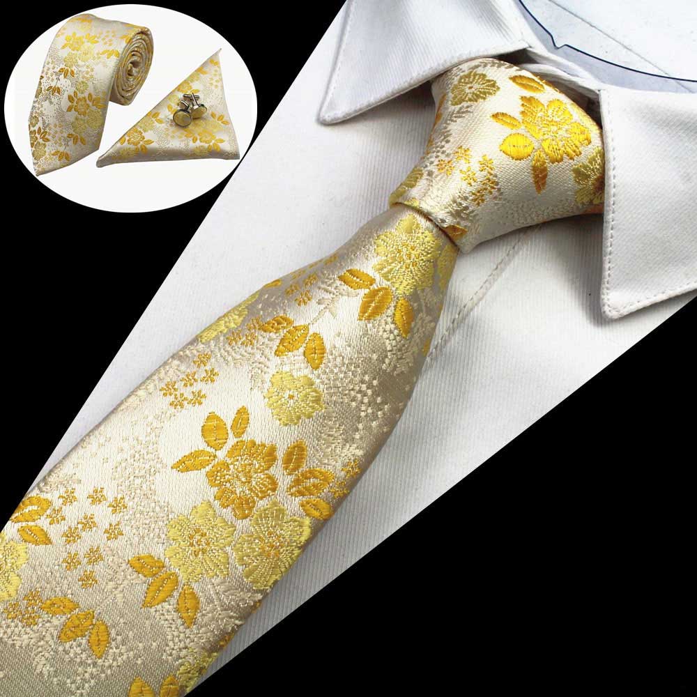 Yellow Flower Tie Handkerchief Cufflink Set