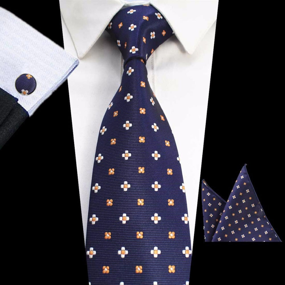 Navy Orange Dots Tie Handkerchief Cufflink Set