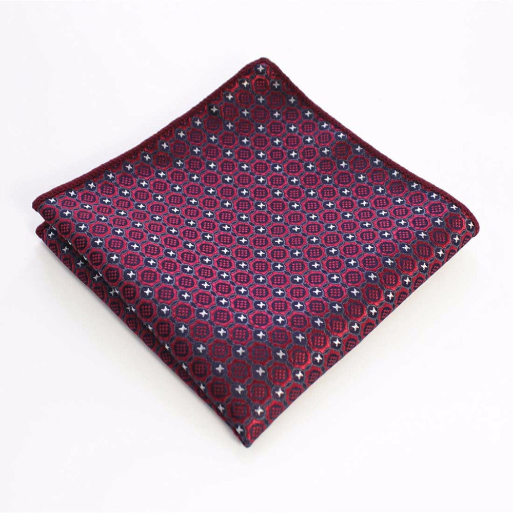 Red Wine Geometric Tie Handkerchief Cufflink Set