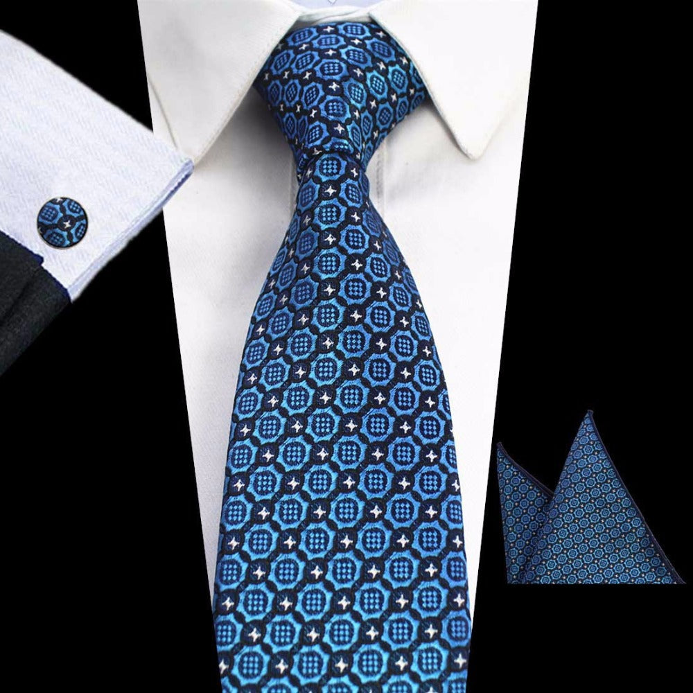 Lake Blue Geometric Tie Handkerchief Cufflink Set