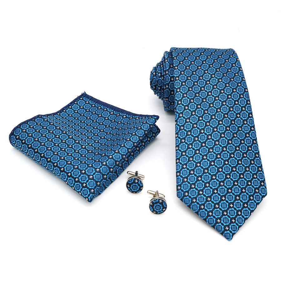 Lake Blue Geometric Tie Handkerchief Cufflink Set