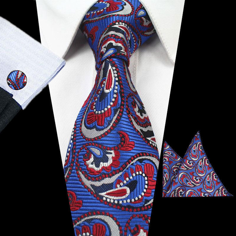 Blue Red Paisley Tie Handkerchief Cufflink Set