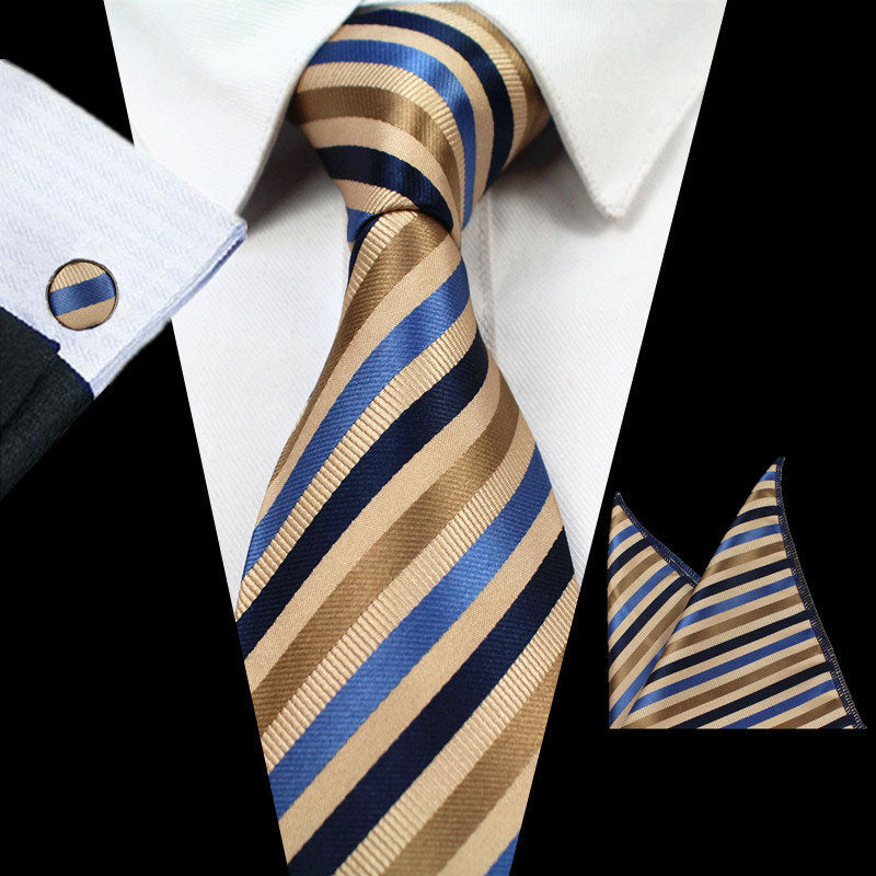 Blue Yellow Stripes Tie Handkerchief Cufflink Set