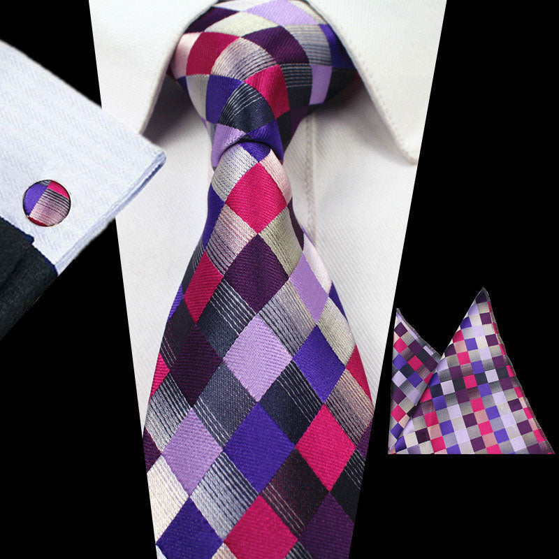 Pink Purple Gray Plaids Gravata Tie Handkerchief Cufflink Set