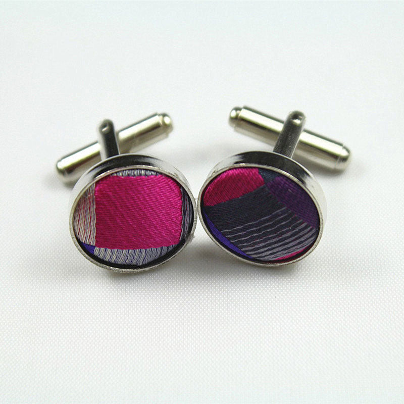 Pink Purple Gray Plaids Gravata Tie Handkerchief Cufflink Set