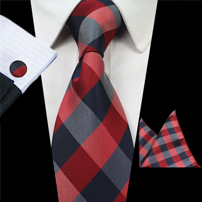 Black Red Plaids Gravata Tie Handkerchief Cufflink Set