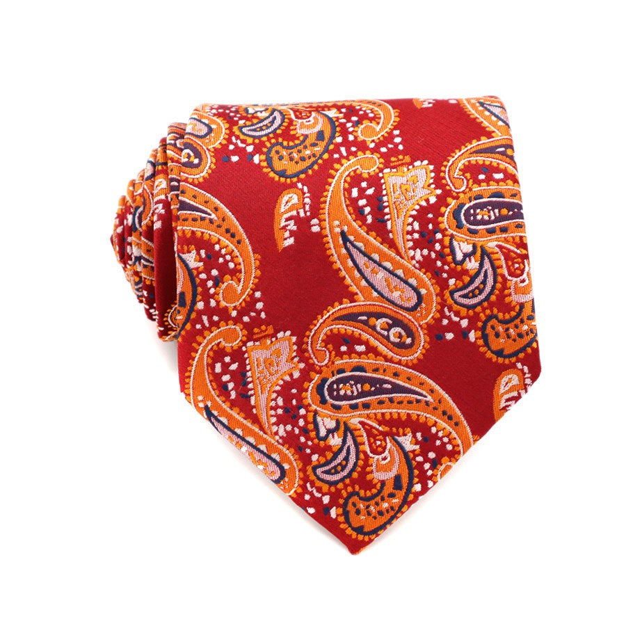 Red Orange Paisley Tie Handkerchief Cufflink Set