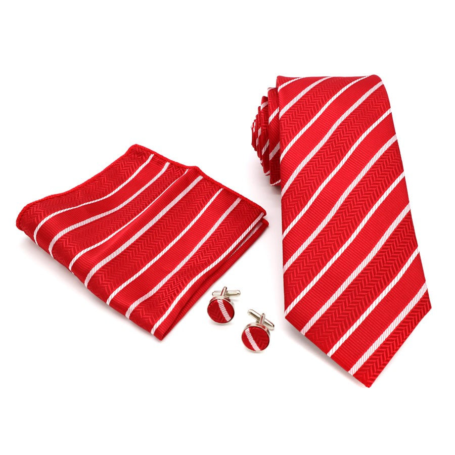 Red White Stripes Gravata Tie Handkerchief Cufflink Set