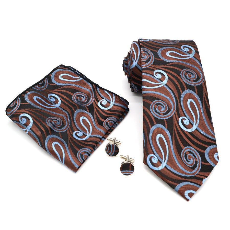 Brown Blue Paisley Gravata Tie Handkerchief Cufflink Set