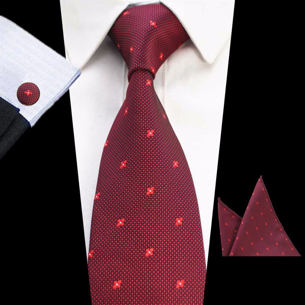 Red Wine Floral Tie Handkerchief Cufflink Set