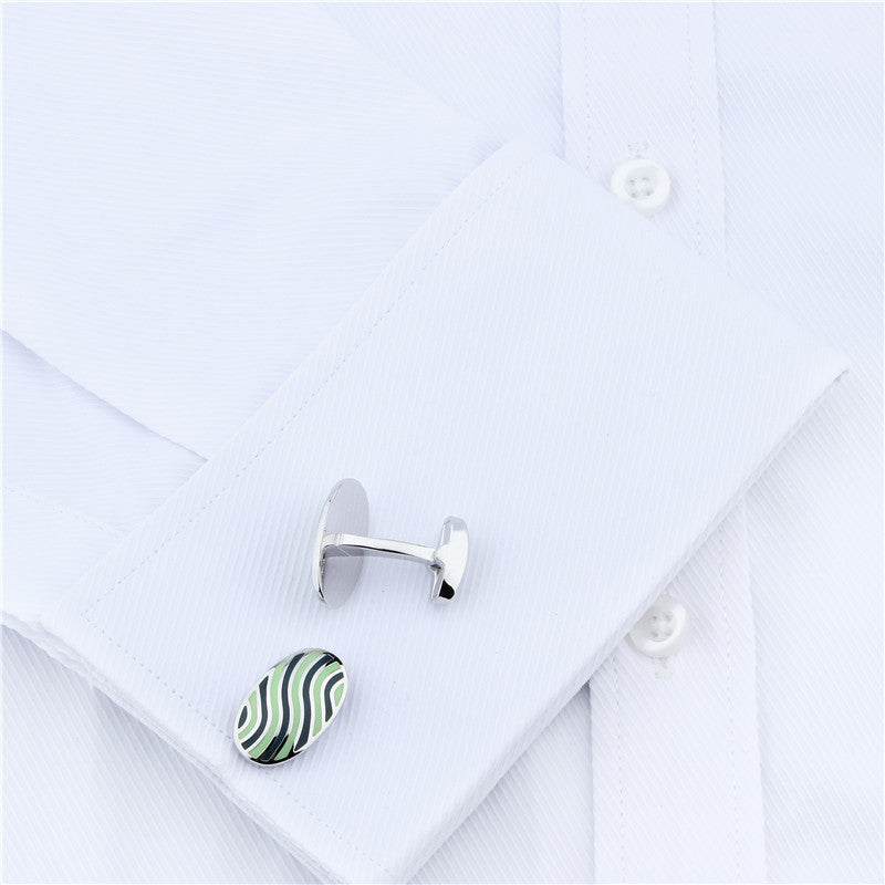 Green Irregular Stripe Oval Enamel Cufflinks