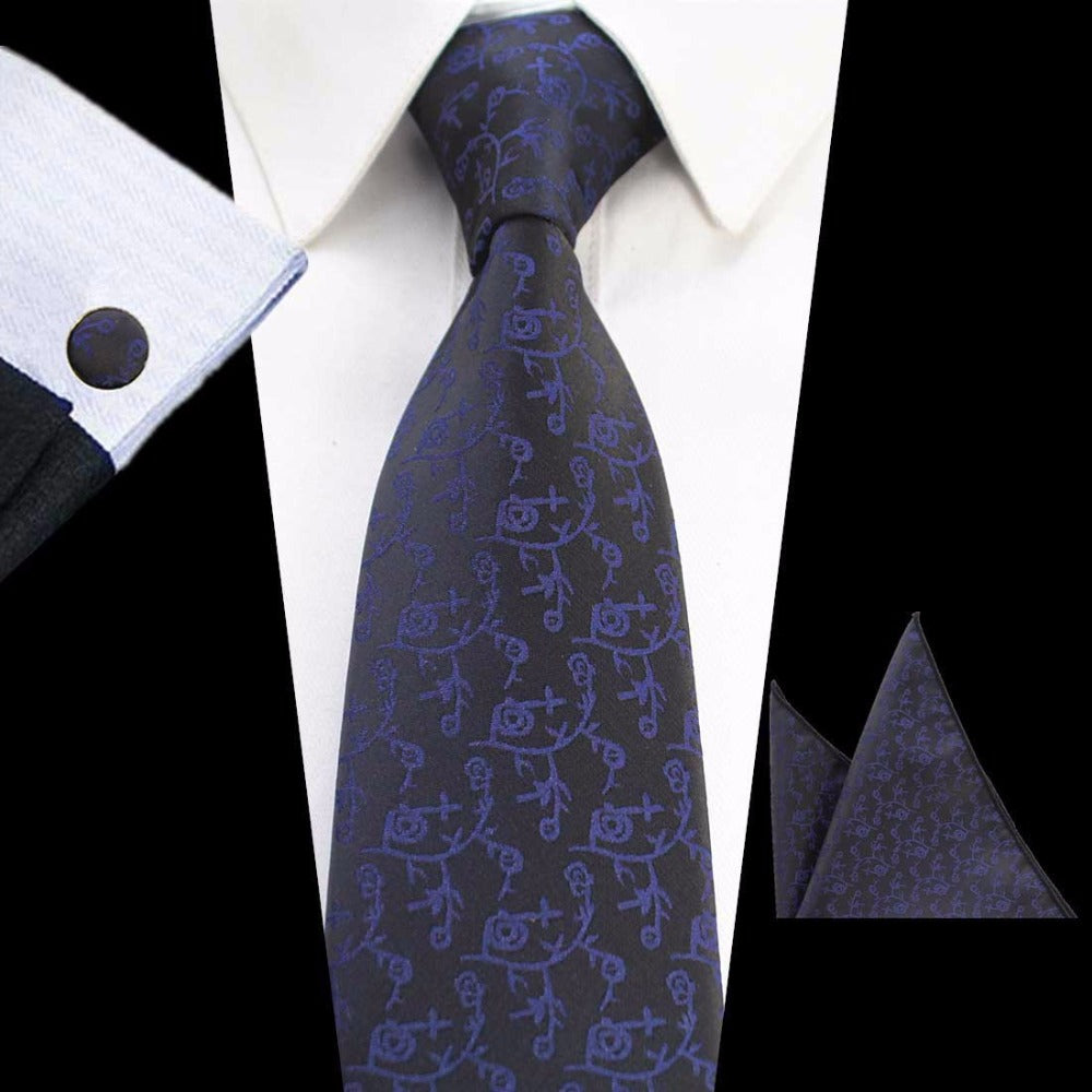 Navy Blue Floral Tie Handkerchief Cufflink Set