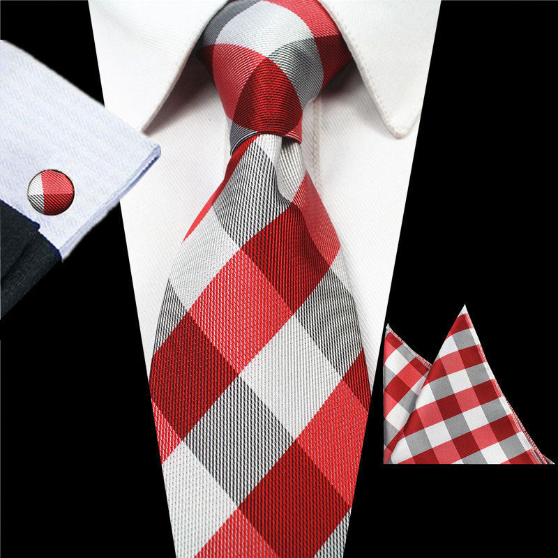 Pink Gray Plaids Tie Handkerchief Cufflink Set