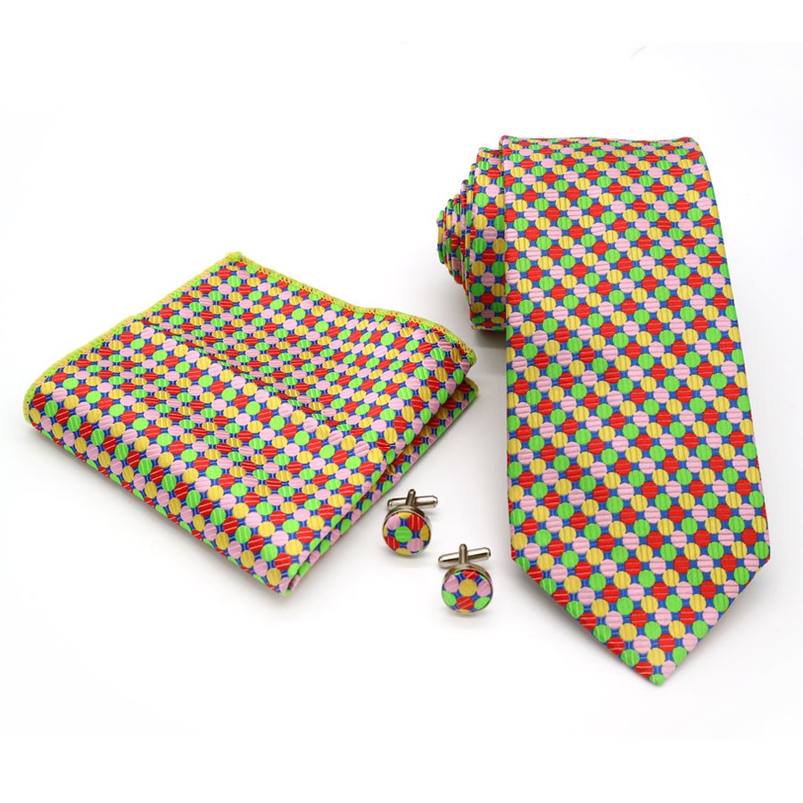 Red Green Yellow Dot Tie Handkerchief Cufflink Set