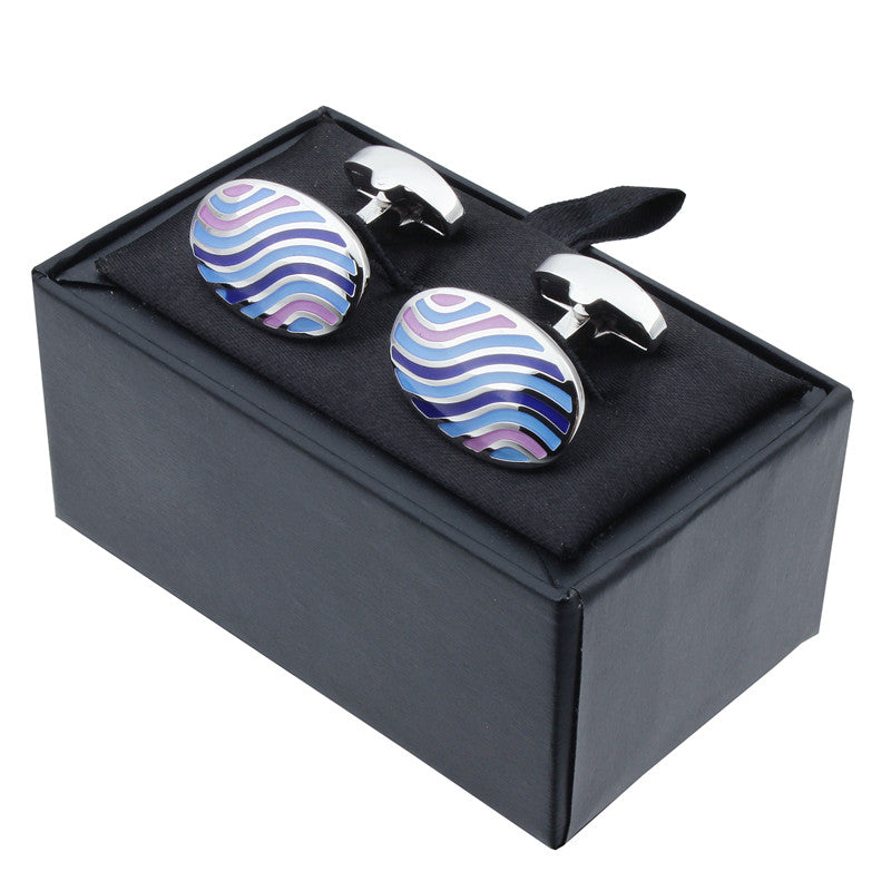 Blue Irregular Stripe Oval Enamel Cufflinks