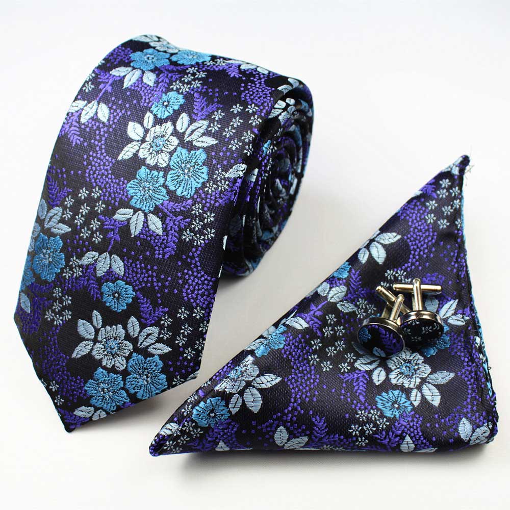 Blue Purple Floral Tie Handkerchief Cufflink Set