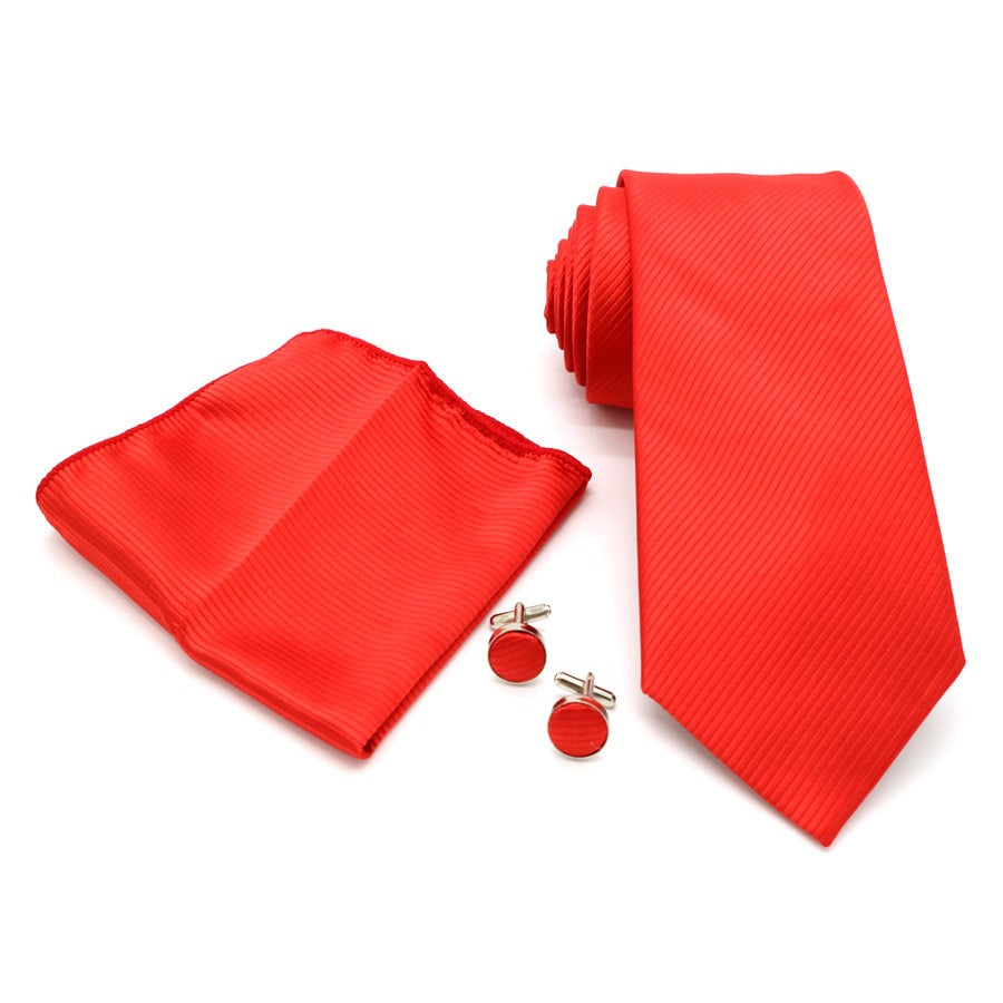 Solid Red Stripes Tie Handkerchief Cufflink Set