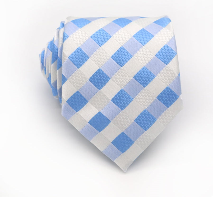 Blue Gray Plaids Tie Handkerchief Cufflink Set
